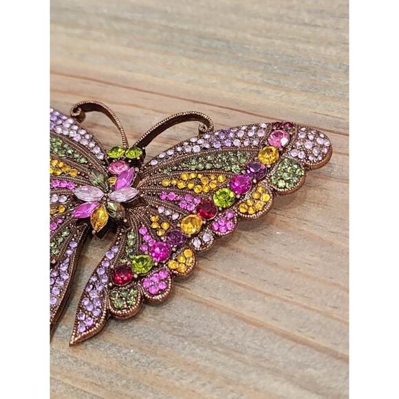 Vintage Gold Tone Multicolored Rhinestone Butterfly Brooch - Picture 2 of 5